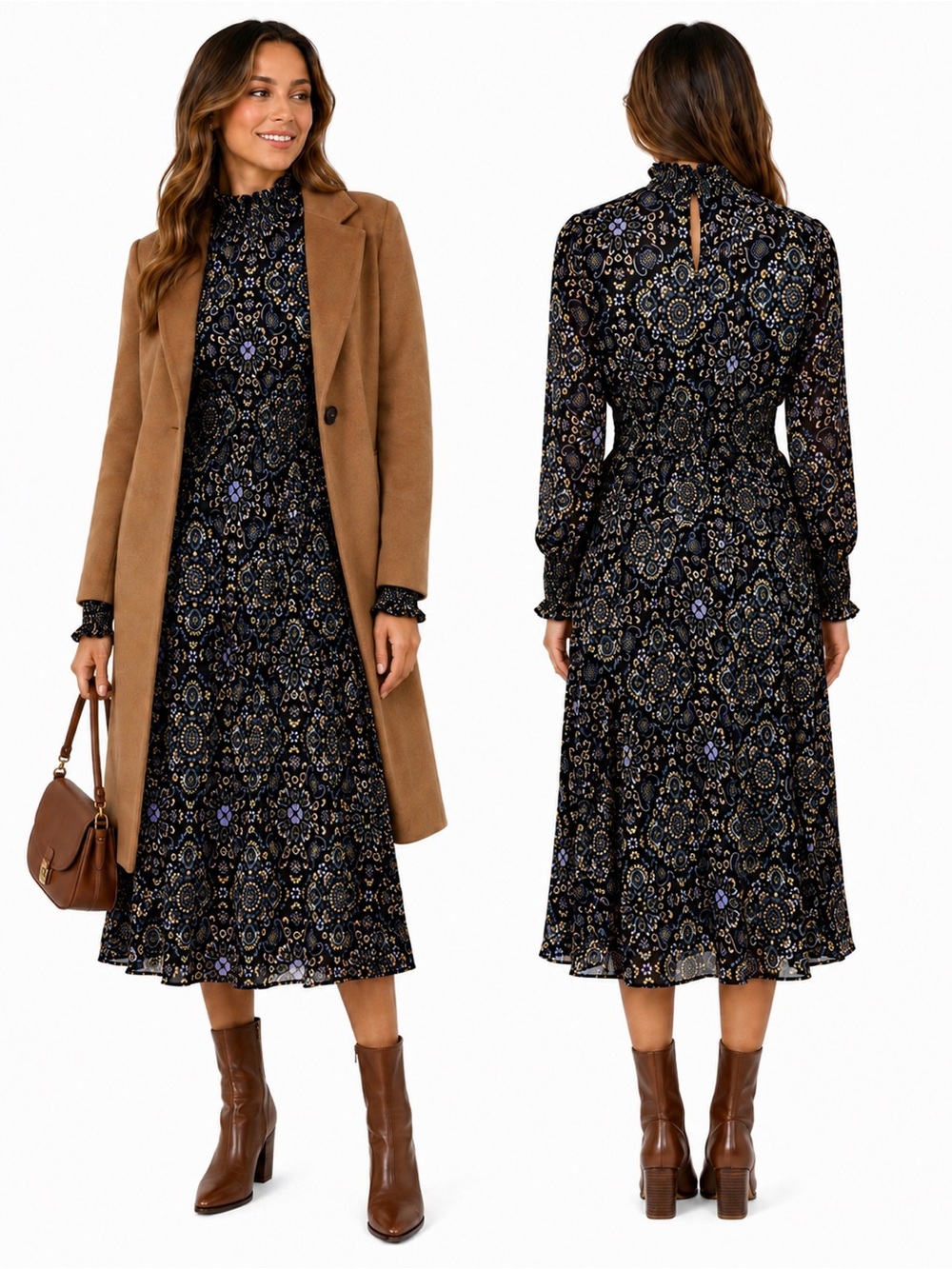 Nanette Nanette Lepore Black Floral Smocked Midi Dress – Size 8
